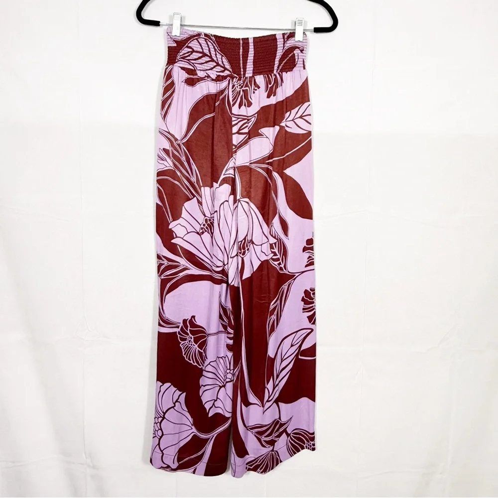 Maeve X Anthropologie Saria Smocked Wide Leg Pants Lilac Floral Tropical